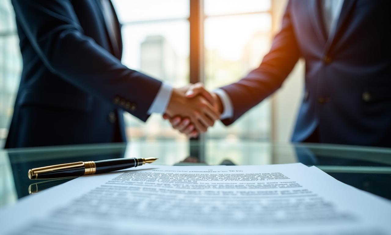 Professionisti che firmano un contratto commerciale in un ufficio moderno